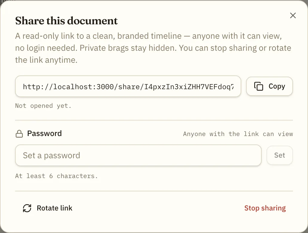 The share dialog — a read-only link with an optional password, plus controls to rotate or stop sharing