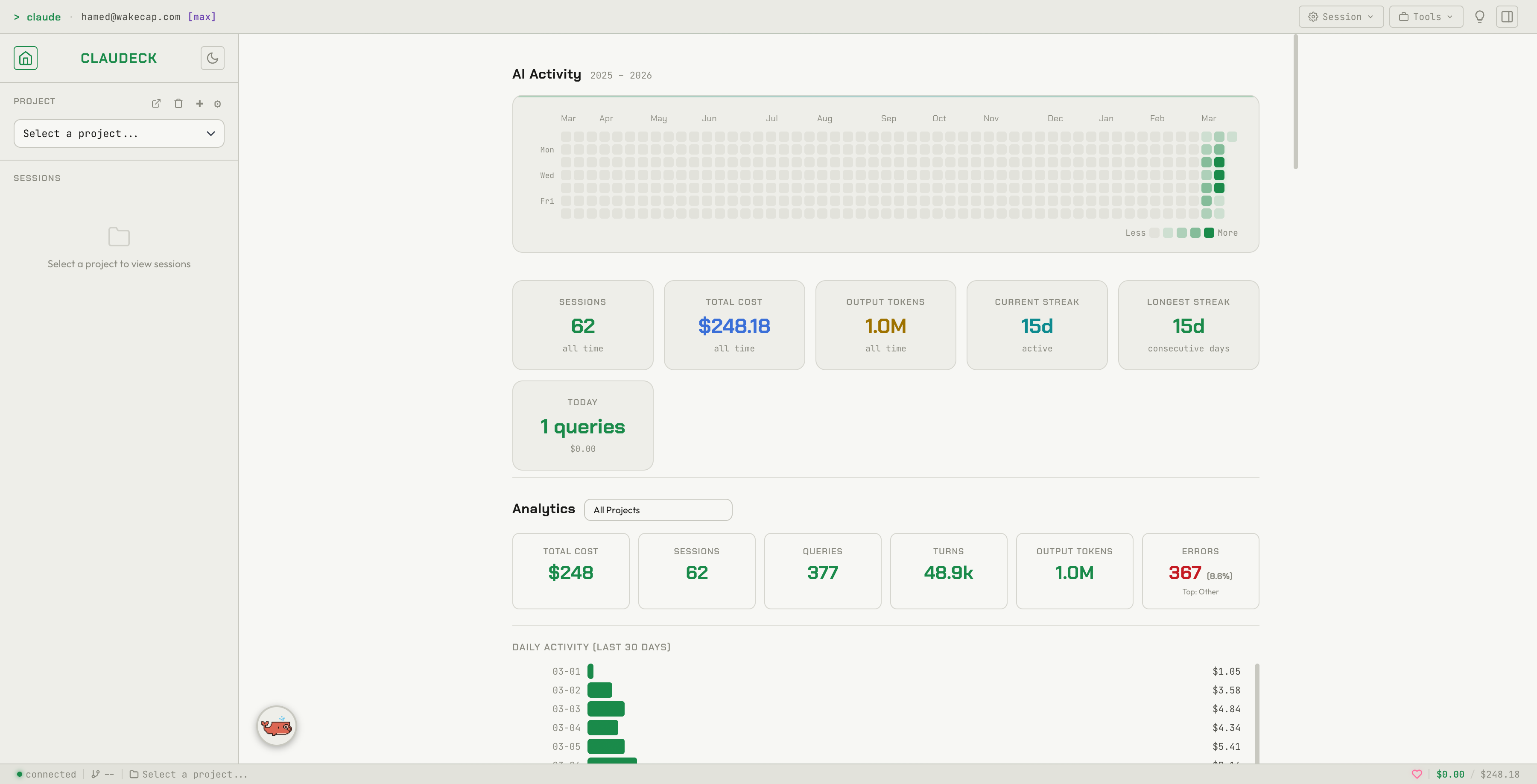 Claudeck Home — AI Activity heatmap, cost analytics, and project dashboard